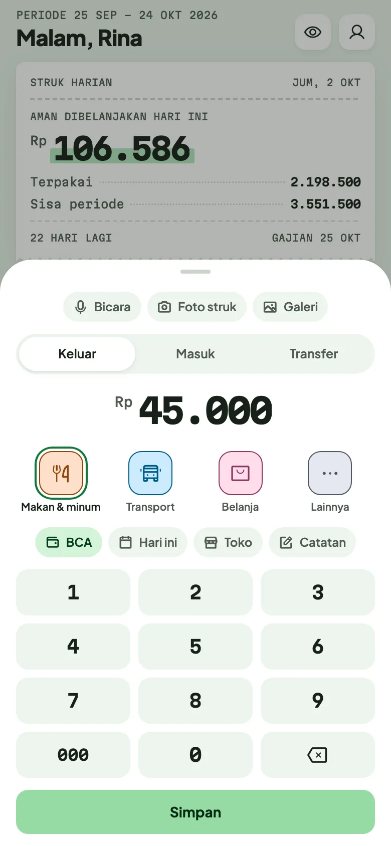 Mencatat transaksi: nominal, kategori, dompet, dan tanggal dalam satu layar.